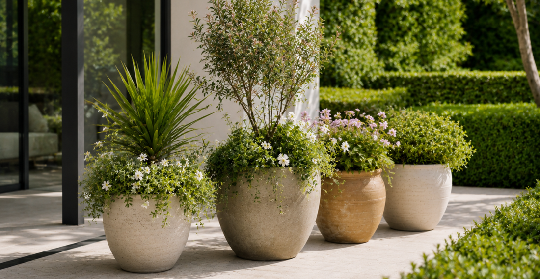 Four Large Garden Pot Plants on pavement in a backyard.png
