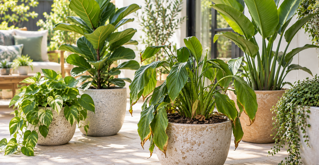 Potted plants on a patio that have been overwatered