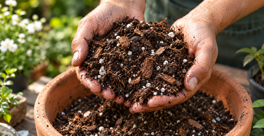 Potting mix in two hands