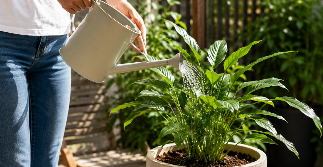 Watering can watering outdoor potted plant